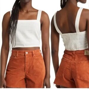 NWT Madewell Abbie Linen Blend Crop Top Tank in Lighthouse Smocking Large NEW